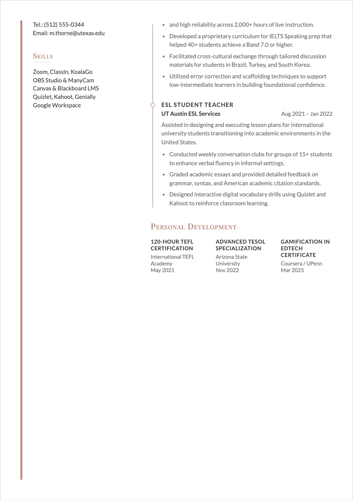 Free Blank Online ESL Teacher ATS Resume Template, AI Resume Builder