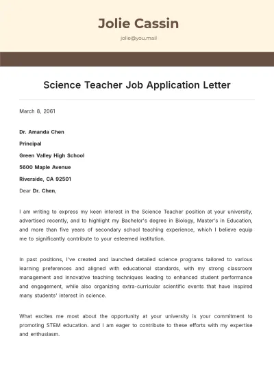 Free Science Teacher Job Application Letter Template to Edit Online