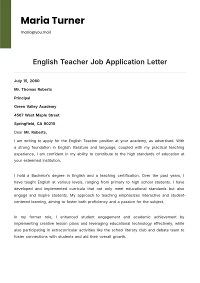 Free English Teacher Job Application Letter Template to Edit Online