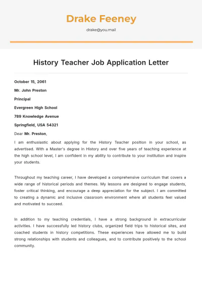 Free History Teacher Job Application Letter Template to Edit Online