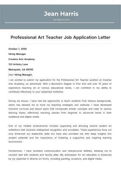 Free Professional Art Teacher Job Application Letter Template to Edit Online