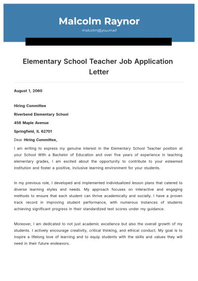 Free Elementary School Teacher Job Application Letter Template to Edit Online