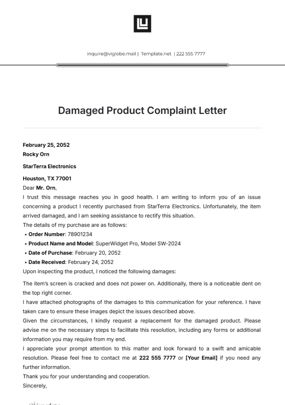 Damaged Product Complaint Letter Template - Edit Online & Download