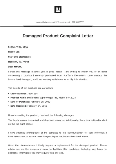 Free Damaged Product Complaint Letter Template to Edit Online