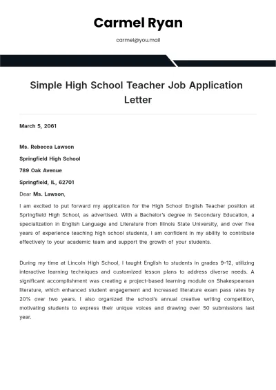 Free Simple High School Teacher Job Application Letter Template to Edit Online