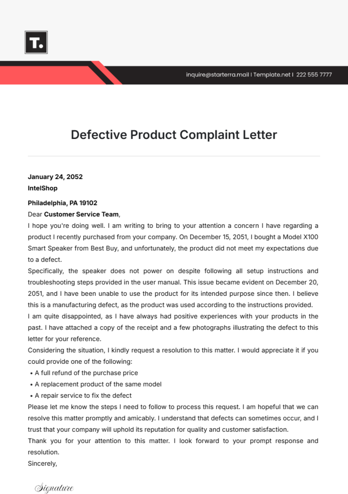 Defective Product Complaint Letter Template - Edit Online & Download