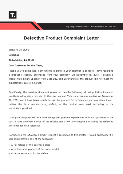 Free Defective Product Complaint Letter Template to Edit Online