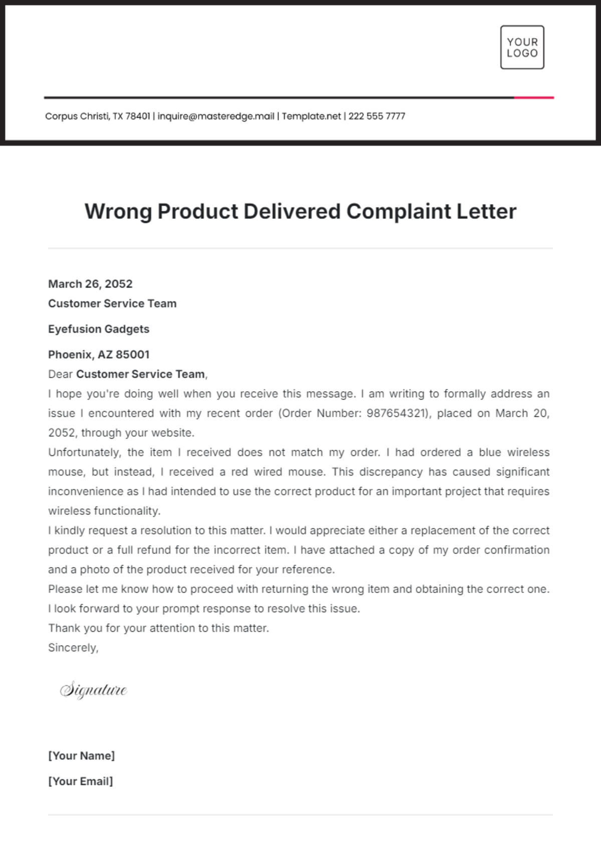 Wrong Product Delivered Complaint Letter Template - Edit Online & Download