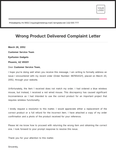 Free Wrong Product Delivered Complaint Letter Template to Edit Online