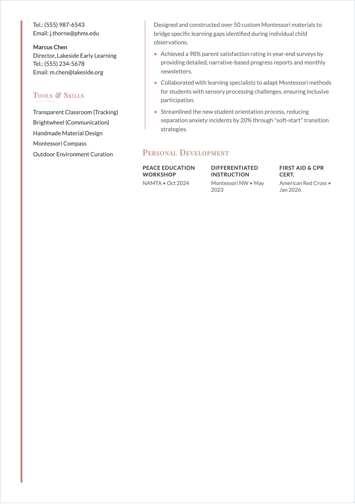 Free Montessori Teacher ATS Resume Template, AI Resume Builder
