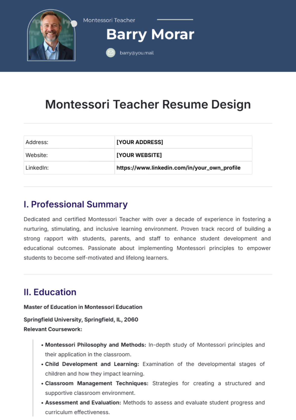 Montessori Teacher Resume Design Template - Edit Online & Download