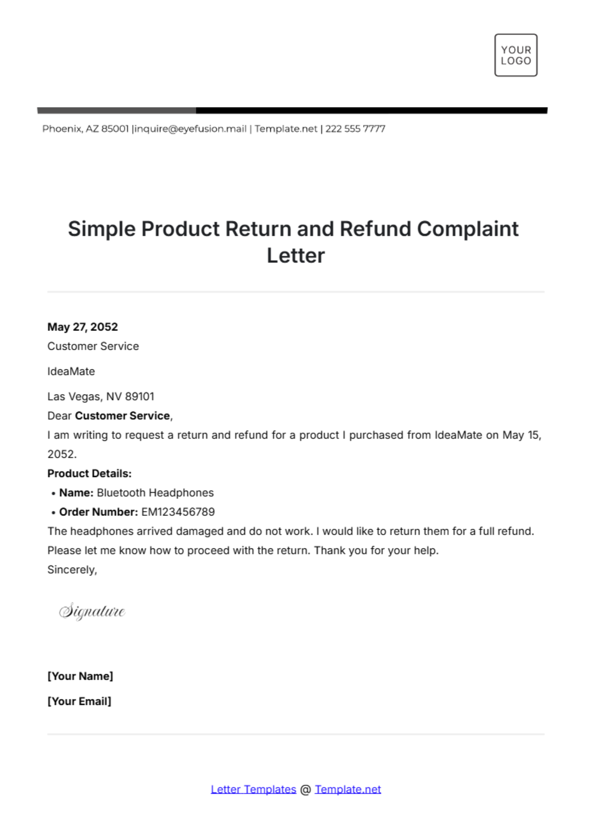 Simple Product Return and Refund Complaint Letter Template - Edit Online & Download