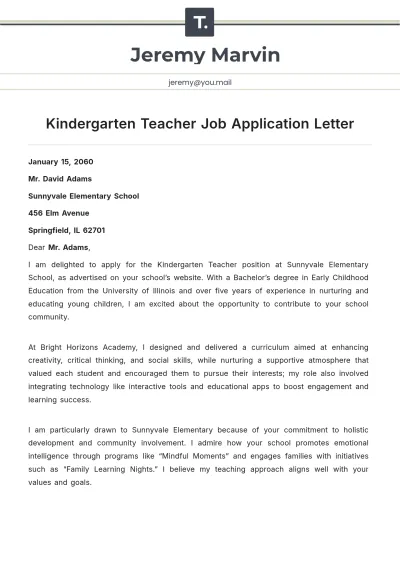 Free Kindergarten Teacher Job Application Letter Template to Edit Online