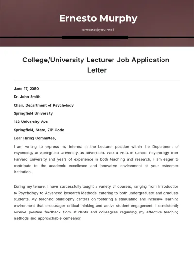 Free College/University Lecturer Job Application Letter Template to Edit Online