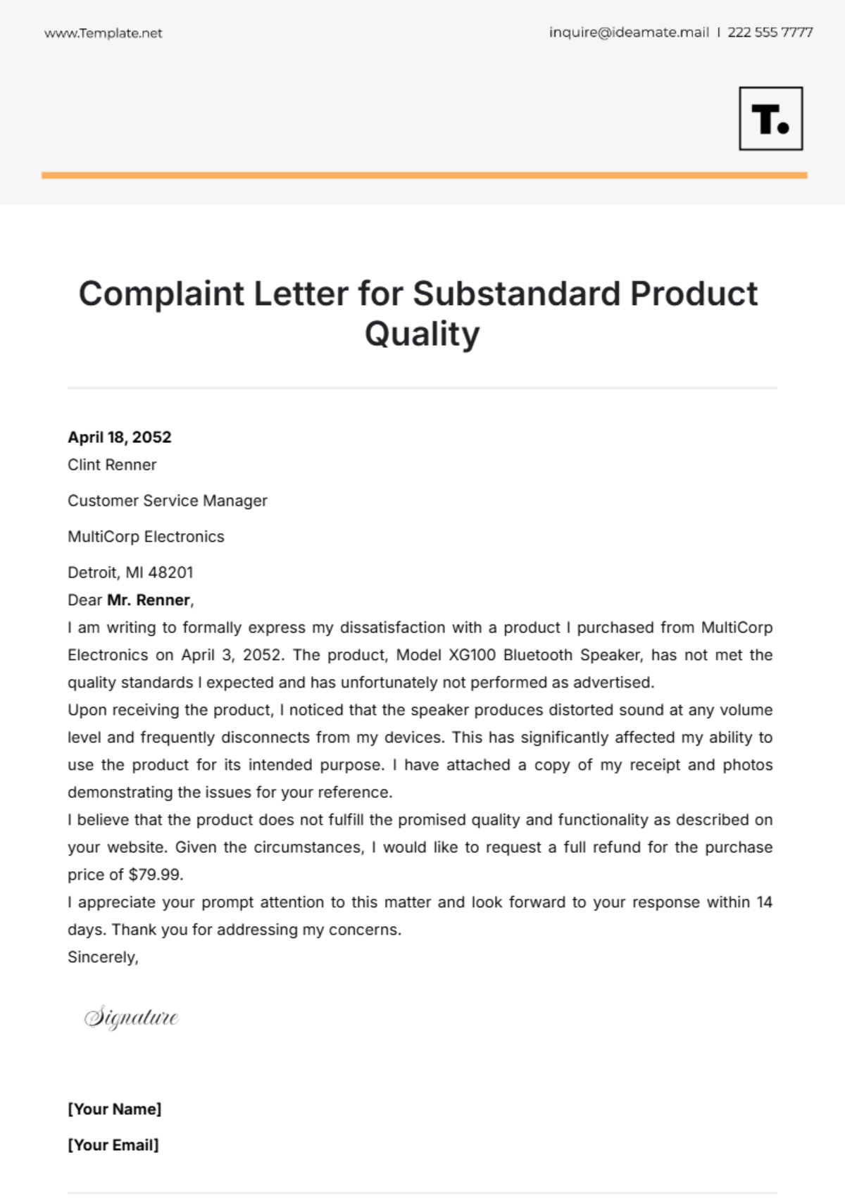 Complaint Letter for Substandard Product Quality Template - Edit Online & Download