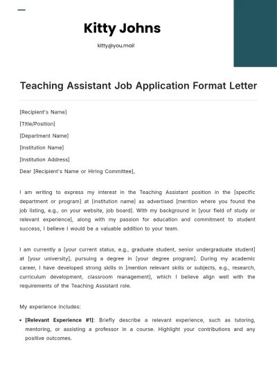 Free Teaching Assistant Job Application Format Letter Template to Edit Online