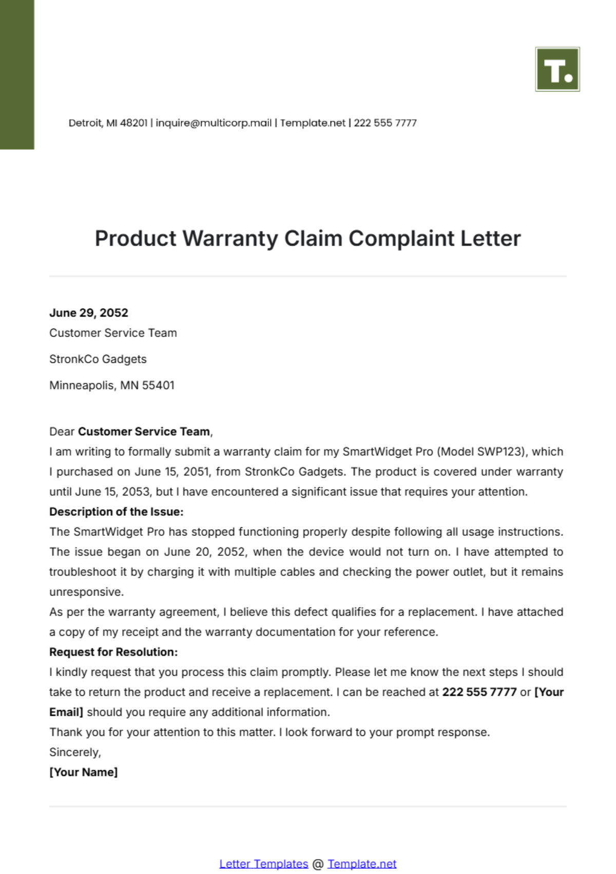 Product Warranty Claim Complaint Letter Template - Edit Online & Download