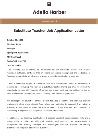 Free Substitute Teacher Job Application Letter Template to Edit Online
