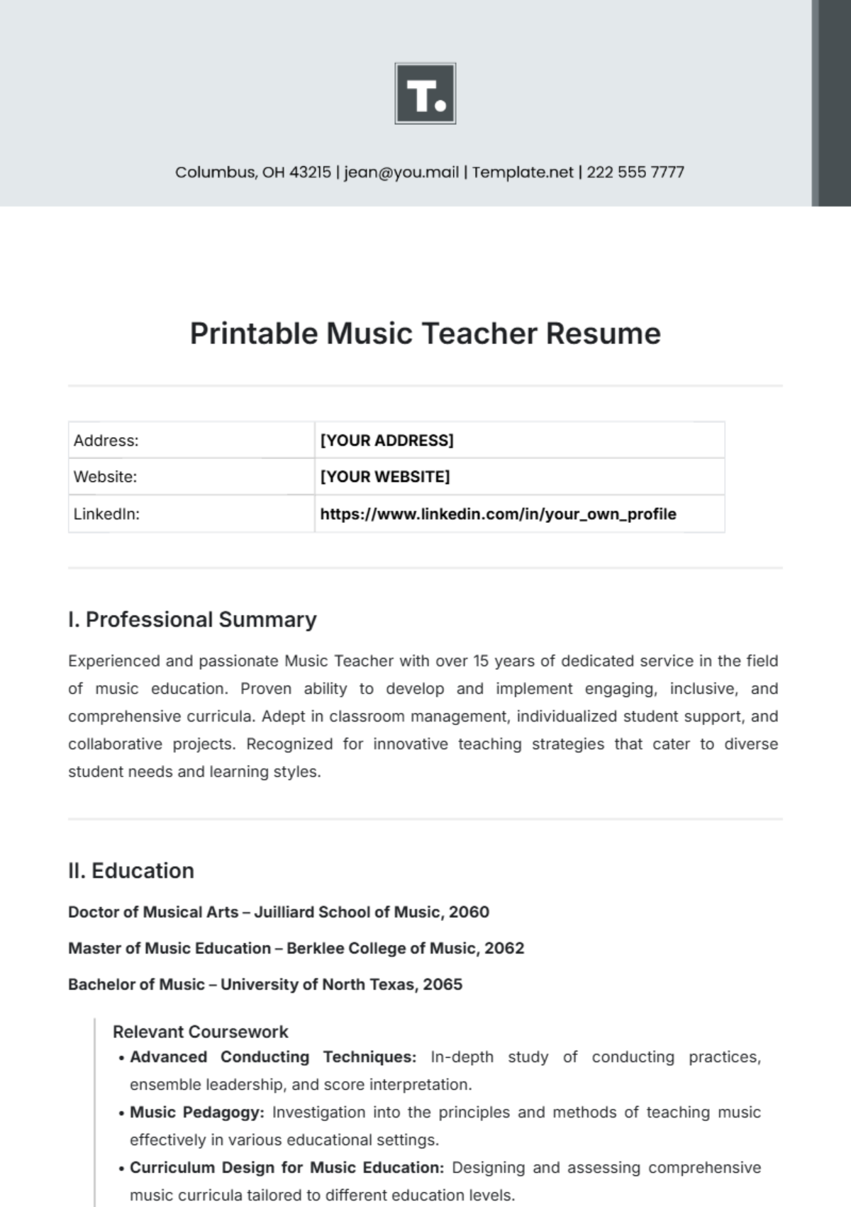 Printable Music Teacher Resume Template - Edit Online & Download