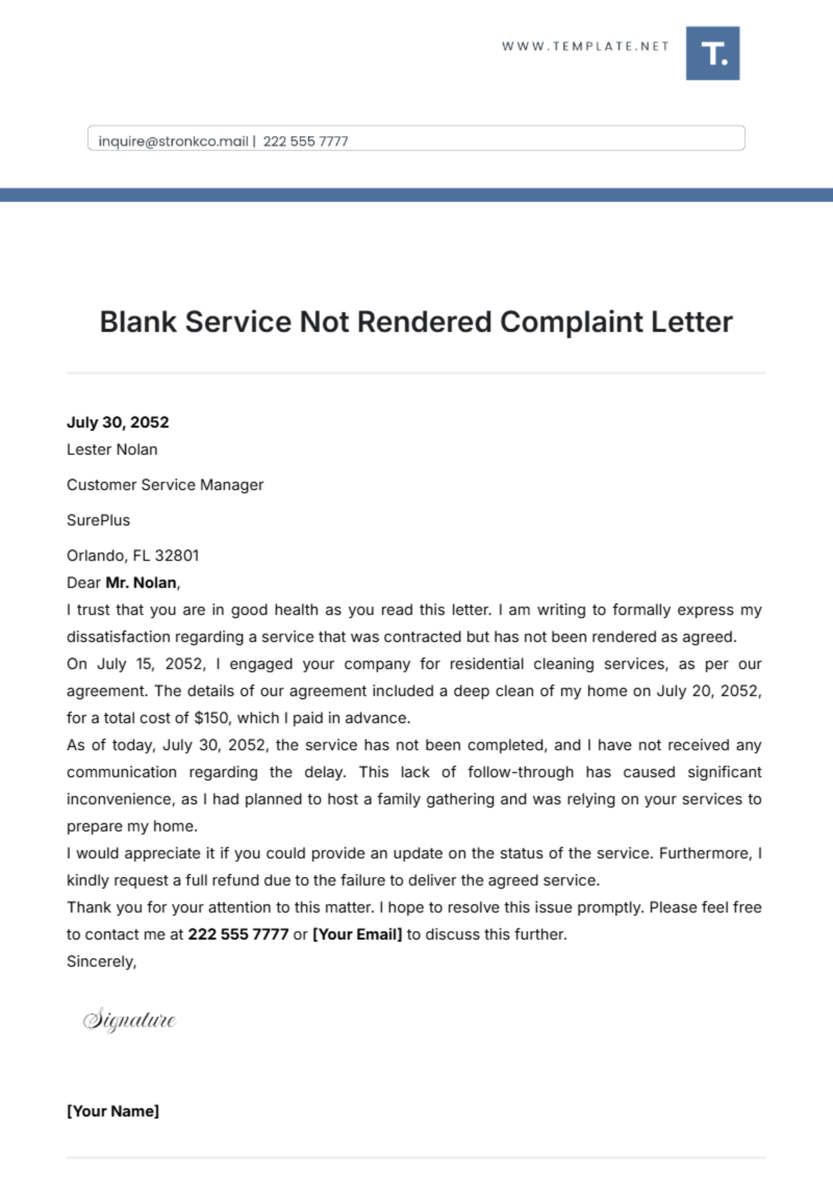 Blank Service Not Rendered Complaint Letter Template - Edit Online & Download