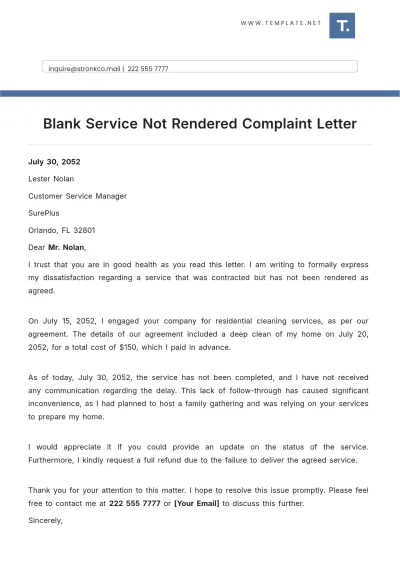 Free Blank Service Not Rendered Complaint Letter Template to Edit Online