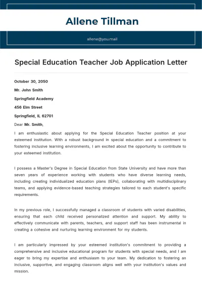 Free Special Education Teacher Job Application Letter Template to Edit Online