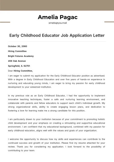 Free Early Childhood Educator Job Application Letter Template to Edit Online