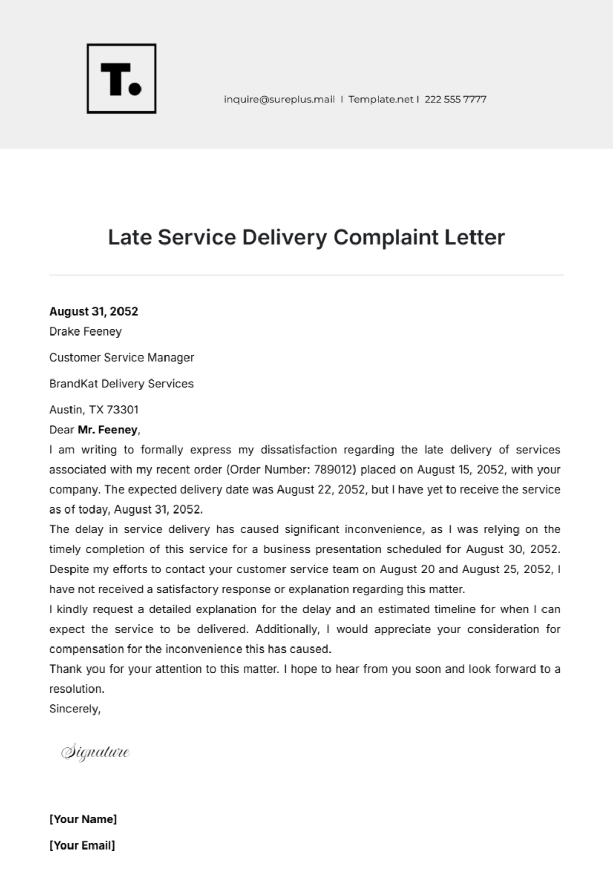 Late Service Delivery Complaint Letter Template - Edit Online & Download