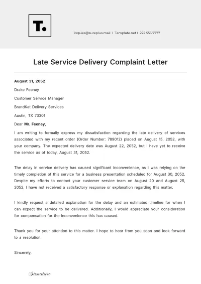 Free Late Service Delivery Complaint Letter Template to Edit Online