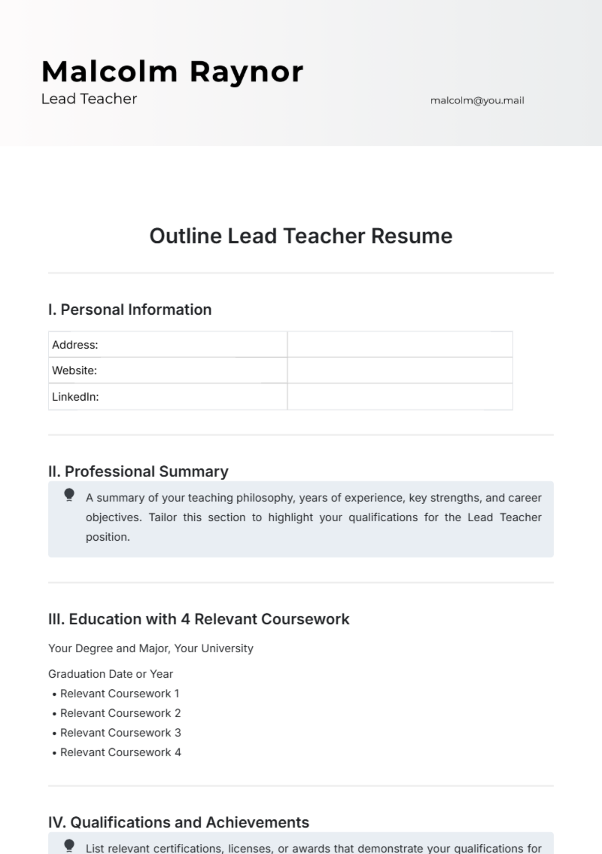 Outline Lead Teacher Resume Template - Edit Online & Download