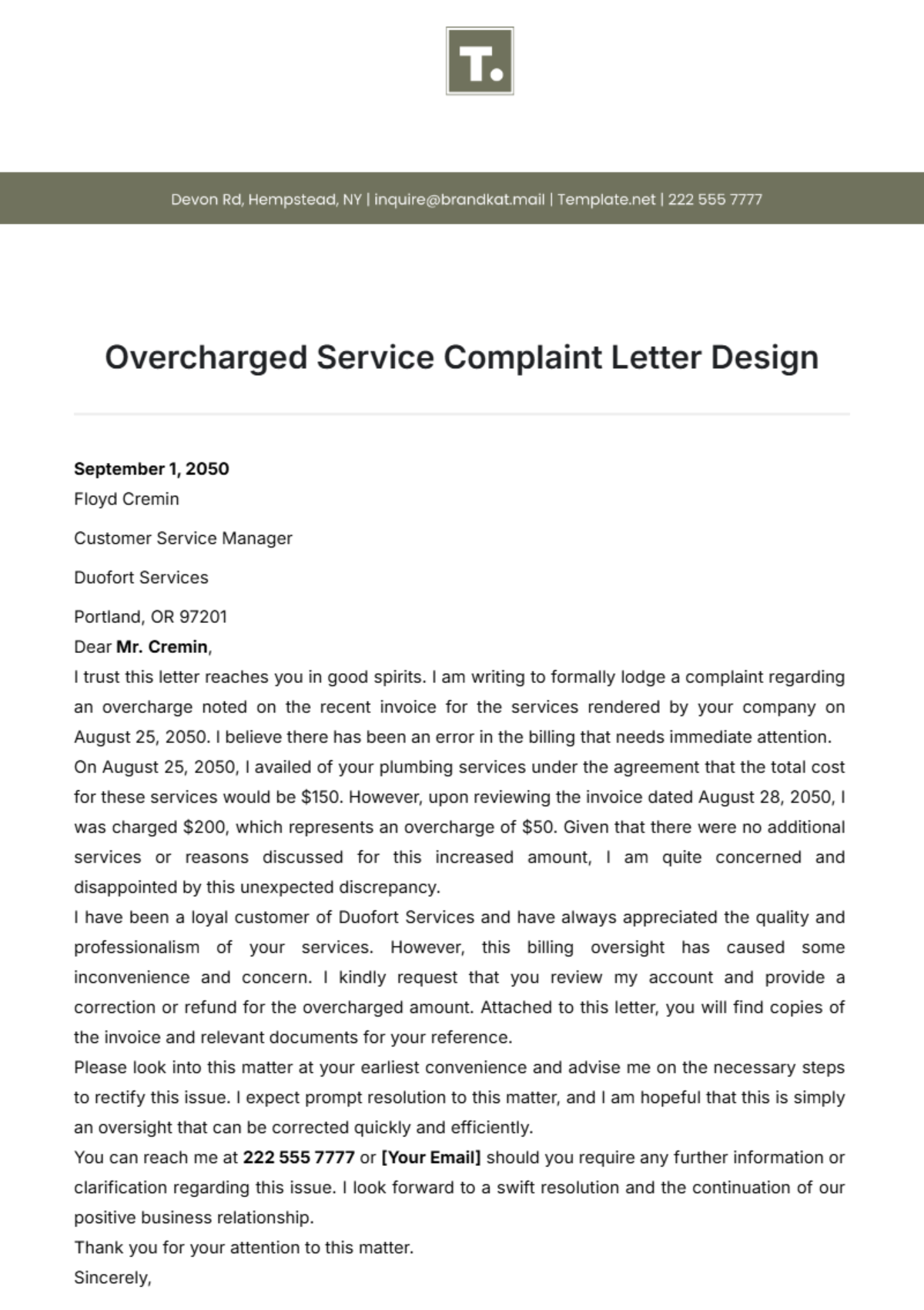 Overcharged Service Complaint Letter Design Template - Edit Online & Download