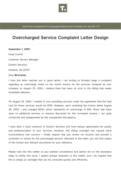Free Overcharged Service Complaint Letter Design Template to Edit Online
