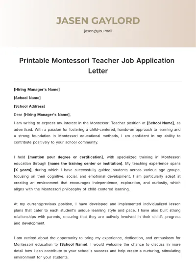 Free Printable Montessori Teacher Job Application Letter Template to Edit Online