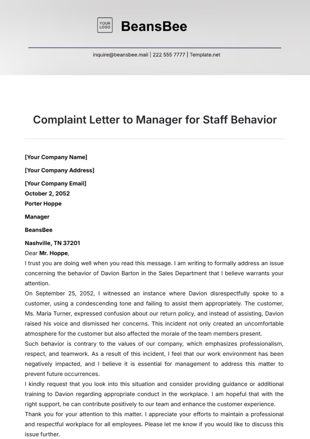 Complaint Letter to Manager for Staff Behavior Template - Edit Online & Download