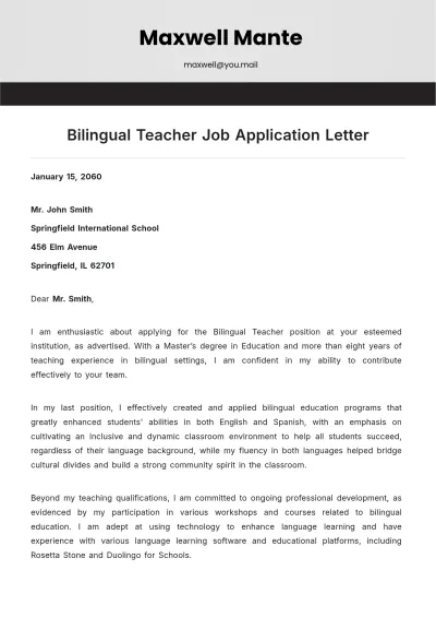 Free Bilingual Teacher Job Application Letter Template to Edit Online