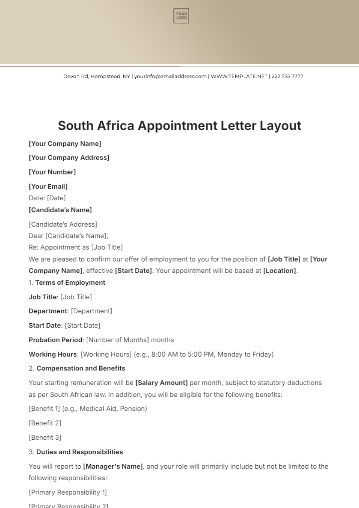 South Africa Appointment Letter Layout Template - Edit Online & Download