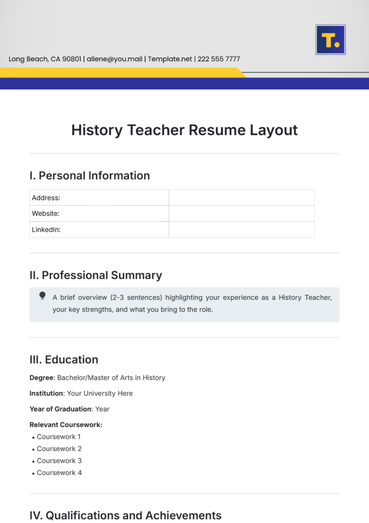 History Teacher Resume Layout Template - Edit Online & Download