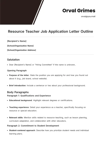 Free Resource Teacher Job Application Letter Outline Template to Edit Online