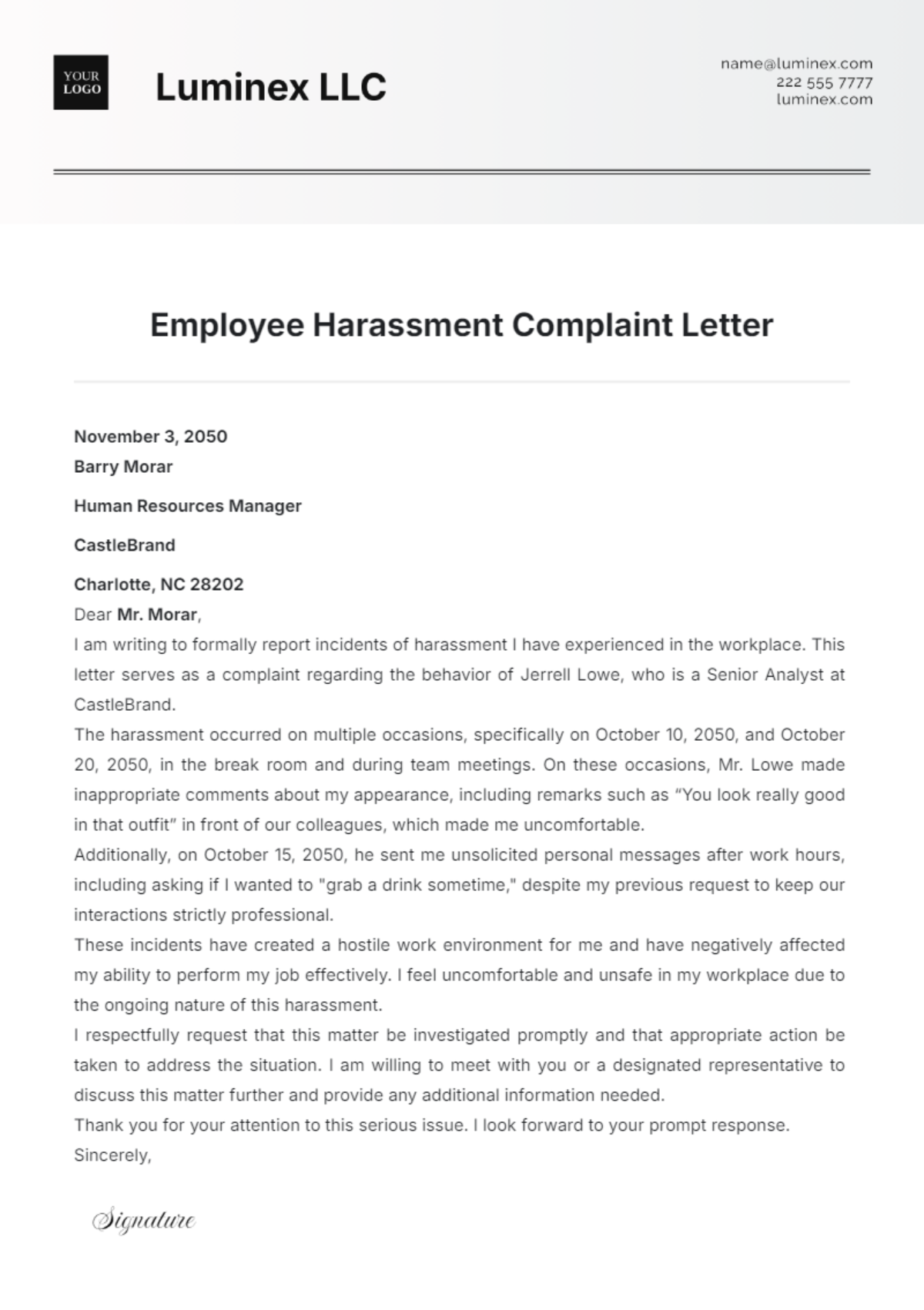 Employee Harassment Complaint Letter Template - Edit Online & Download