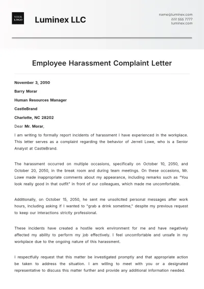 Free Employee Harassment Complaint Letter Template to Edit Online