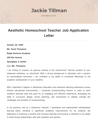 Free Aesthetic Homeschool Teacher Job Application Letter Template to Edit Online