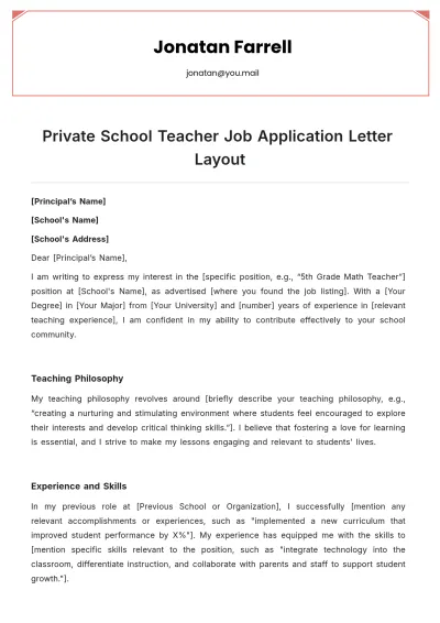 Free Private School Teacher Job Application Letter Layout Template to Edit Online