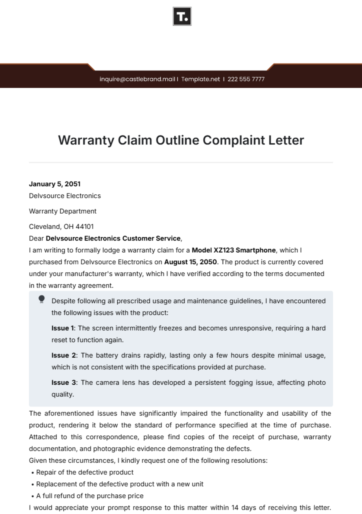 Warranty Claim Outline Complaint Letter Template - Edit Online & Download