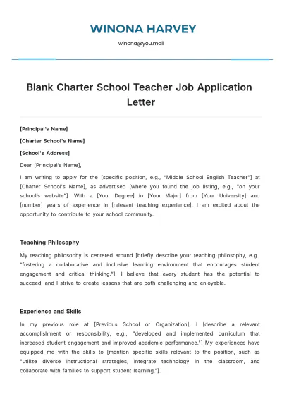 Free Blank Charter School Teacher Job Application Letter Template to Edit Online