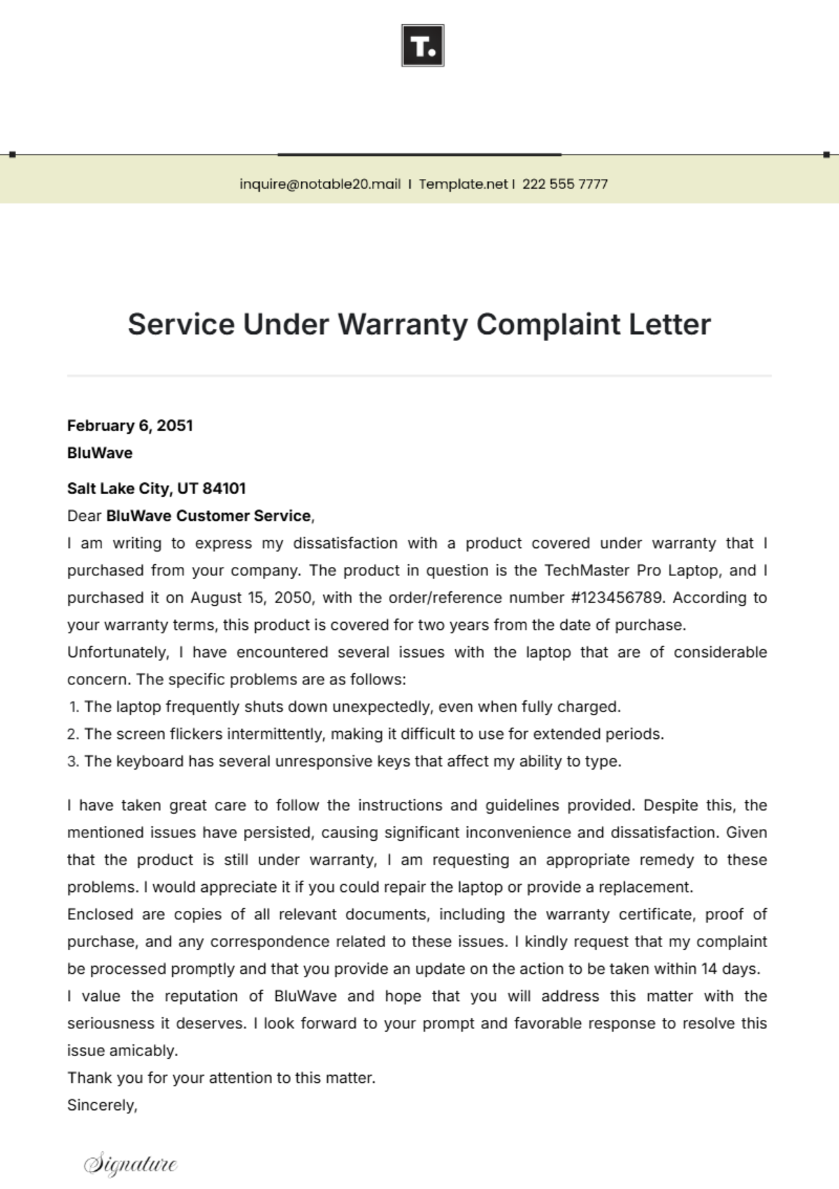 Service Under Warranty Complaint Letter Template - Edit Online & Download