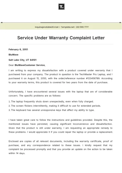 Free Service Under Warranty Complaint Letter Template to Edit Online