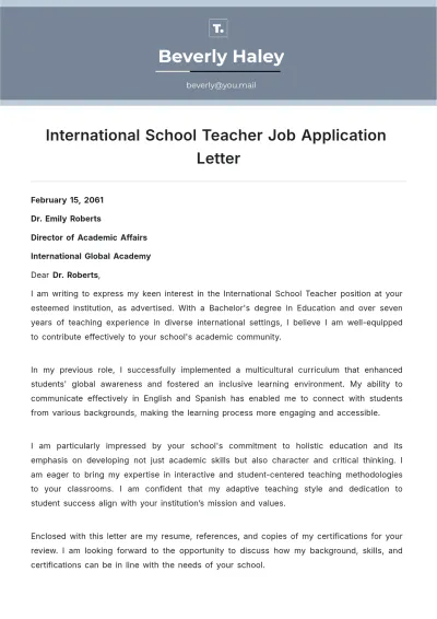 Free International School Teacher Job Application Letter Template to Edit Online