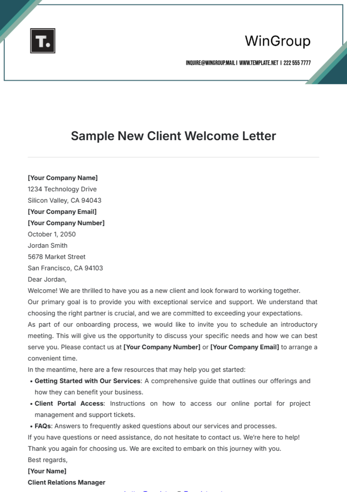 Sample New Client Welcome Letter Template - Edit Online & Download