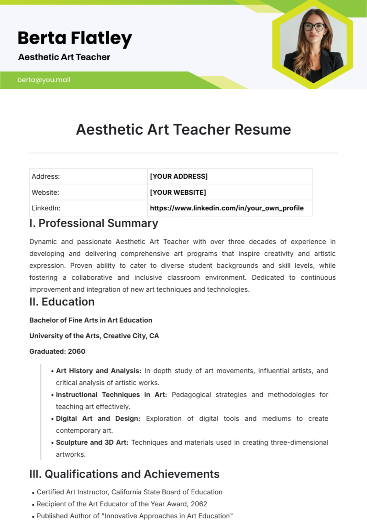 Aesthetic Art Teacher Resume Template - Edit Online & Download