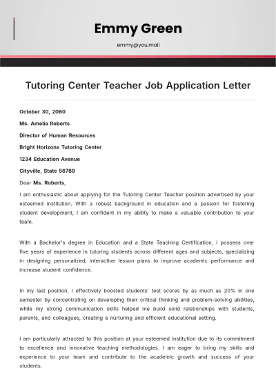 Free Tutoring Center Teacher Job Application Letter Template to Edit Online